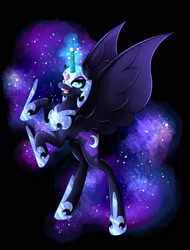 Size: 1900x2500 | Tagged: safe, artist:maryannesanctorum, nightmare moon, alicorn, pony, black background, ethereal mane, female, galaxy mane, glowing horn, helmet, hoof shoes, horn, mare, open mouth, rearing, simple background, solo, starry mane