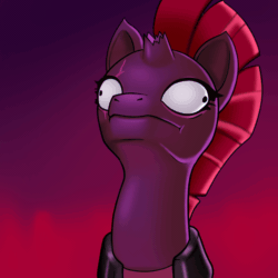 Size: 1000x1000 | Tagged: safe, artist:mightycockarts, tempest shadow, pony, unicorn, my little pony: the movie, :t, animated, armor, behaving like a lizard, blinking, broken horn, derp, electricity magic, eye scar, eyeshadow, faic, female, glowing horn, gradient background, horn, majestic as fuck, makeup, mare, open up your *very* eyes, scar, solo, zzt