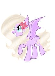 Size: 3583x4961 | Tagged: safe, artist:lazuli, artist:riofluttershy, oc, oc:vimpira, bat, bat pony, pony, bat pony oc, bat wings, flower, flower in hair, grin, raised hoof, smiling, wings