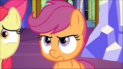 Size: 1557x877 | Tagged: safe, screencap, apple bloom, scootaloo, earth pony, pegasus, pony, growing up is hard to do, bow, cropped, faic, female, filly, hair bow, pouting, solo focus