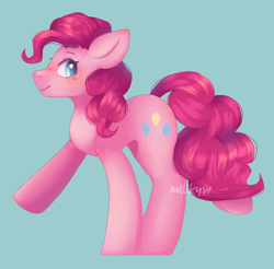 Size: 1840x1809 | Tagged: safe, artist:millkyw, derpibooru import, pinkie pie, earth pony, pony, blue background, blushing, cute, diapinkes, female, mare, simple background, solo