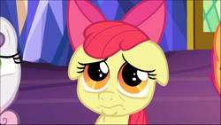Size: 1557x877 | Tagged: safe, screencap, apple bloom, scootaloo, sweetie belle, earth pony, pegasus, pony, unicorn, growing up is hard to do, bow, cropped, cutie mark crusaders, faic, female, filly, floppy ears, hair bow, offscreen character, pouting, sad face, solo focus, wide eyes