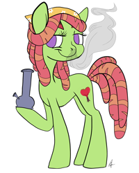 Size: 2000x2500 | Tagged: safe, artist:katyusha, tree hugger, earth pony, pony, bandana, bong, drug use, drugs, green coat, marijuana, purple eyes, simple background, smiling, smoke, smug, solo, stoner, tree stoner