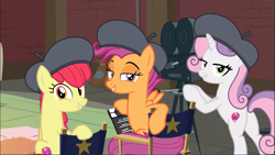Size: 1651x929 | Tagged: safe, screencap, apple bloom, scootaloo, sweetie belle, earth pony, pegasus, pony, unicorn, growing up is hard to do, being big is all it takes, chair, cropped, cutie mark, cutie mark crusaders, director's chair, female, film projector, hat, lidded eyes, looking at you, looking back, looking back at you, mare, older, older apple bloom, older cmc, older scootaloo, older sweetie belle, sitting, smiling, smirk, the cmc's cutie marks, trio