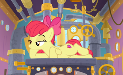 Size: 792x484 | Tagged: safe, screencap, apple bloom, earth pony, pony, growing up is hard to do, bow, cropped, cute, cutie mark, draw me like one of your french girls, female, hair bow, lidded eyes, mare, older, older apple bloom, on side, solo, the cmc's cutie marks