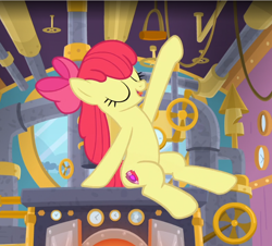 Size: 670x606 | Tagged: safe, screencap, apple bloom, earth pony, pony, growing up is hard to do, bow, cropped, cutie mark, eyes closed, female, hair bow, mare, older, older apple bloom, open mouth, pose, sitting, solo, steam engine, the cmc's cutie marks