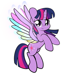 Size: 1600x1778 | Tagged: safe, artist:kimjoman, twilight sparkle, twilight sparkle (alicorn), alicorn, pony, rainbow roadtrip, clothes, colored wings, cute, female, flying, looking at you, multicolored wings, rainbow wings, simple background, solo, spread wings, transparent background, twiabetes, wing bling, wings