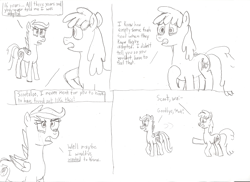 Size: 2338x1700 | Tagged: safe, artist:superplay64, berry punch, berryshine, scootaloo, earth pony, pegasus, pony, adopted, angry, comic, crying, duo, female, headcanon, headcanon in the description, jossed, mare, monochrome, mother and child, mother and daughter, parent and child, parent:berry punch, scootadoption, scootaloo's parents, sketch, teenager, traditional art