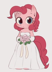 Size: 859x1199 | Tagged: safe, artist:manachaaaaaaaa, derpibooru import, pinkie pie, earth pony, pony, semi-anthro, unguligrade anthro, arm hooves, bare shoulders, beautiful, bipedal, blushing, bouquet, clothes, cute, diapinkes, dress, female, flower, looking at you, mare, simple background, smiling, solo, wedding dress, white background