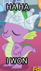 Size: 240x418 | Tagged: safe, edit, edited screencap, screencap, spike, dragon, sparkle's seven, cropped, crown, haha i won, hard-won helm of the sibling supreme, meme, solo, winged spike