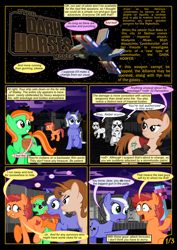 Size: 1000x1414 | Tagged: safe, artist:christhes, oc, oc:cookiecutter, oc:gracenote, oc:maple leaf, oc:spring clean, earth pony, pegasus, pony, collaboration, comic:friendship is dragons, ..., armor, caught, comic, crossover, dialogue, female, flying, grin, gun, implied fluttershy, implied pinkie pie, implied rarity, implied twilight sparkle, looking back, mare, raised hoof, saddle, saddle bag, scared, smiling, space, spaceship, star wars, stars, stormtrooper, tack, unamused, weapon