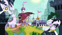 Size: 1366x768 | Tagged: safe, screencap, bird, sparkle's seven, canterlot castle, fans, flying, guard, outdoors, robin, sun, wind