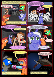 Size: 1000x1414 | Tagged: safe, artist:christhes, oc, oc:cookiecutter, oc:gracenote, oc:maple leaf, oc:spring clean, earth pony, pony, unicorn, collaboration, comic:friendship is dragons, bipedal, comic, covering ears, crossover, cuffs, dialogue, disguise, explosives, female, fight, flying, glowing horn, goggles, grin, guard, gun, hat, headset, hiding, horn, implied fluttershy, implied pinkie pie, implied rarity, implied twilight sparkle, laser, mare, planet, running, saddle, scared, smiling, space, spaceship, star wars, stars, stormtrooper, surrender, tack, weapon