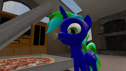 Size: 1280x720 | Tagged: safe, artist:sevenxninja, oc, oc only, oc:lydia dieselsteam, alicorn, pony, unicorn, 3d, alicorn oc, deviantart, fireplace, food, gmod, living room, looking at something, meat, pepperoni, pepperoni pizza, pizza, pizza box, television, windows
