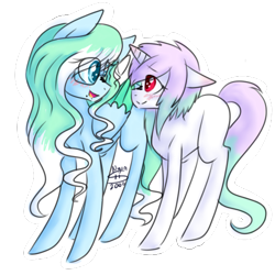 Size: 500x500 | Tagged: safe, artist:nyan-2000, oc, oc only, oc:amaranthine sky, oc:reverie, pony, blushing, female, lesbian