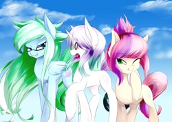 Size: 1024x725 | Tagged: safe, artist:scynexx, oc, oc only, oc:amaranthine sky, oc:reverie, oc:sweet skies, pony, female, lesbian