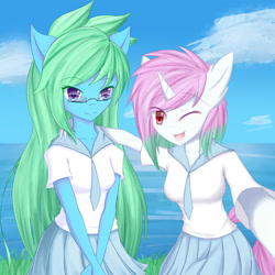 Size: 2000x2000 | Tagged: safe, artist:scynexx, oc, oc only, oc:amaranthine sky, oc:reverie, anthro, unicorn, clothes, cute, female, glasses, lesbian, school uniform, selfie