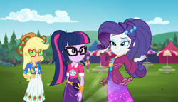 Size: 1894x1080 | Tagged: safe, screencap, applejack, rarity, sci-twi, twilight sparkle, better together, choose your own ending, equestria girls, inclement leather, applejack's sunglasses, background human, cloud, fabulous, female, fry lilac, glasses, hat, lidded eyes, male, outdoors, ponytail, sky, trio, trio female