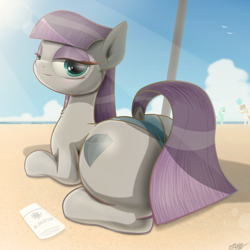 Size: 1900x1900 | Tagged: safe, artist:phoenixrk49, maud pie, earth pony, pony, boulder buns, butt, clothes, dock, female, looking at you, mare, plot, prone, solo, swimsuit, wrong cutie mark