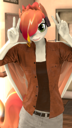Size: 1080x1920 | Tagged: safe, artist:spinostud, oc, oc:tomyum, anthro, pegasus, 3d, clothes, female, headphones, looking at you, mare, source filmmaker