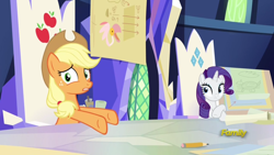 Size: 1366x768 | Tagged: safe, derpibooru import, screencap, applejack, rarity, earth pony, pony, unicorn, sparkle's seven, arrow, discovery family logo, friendship throne, paper, pencil, throne, throne room