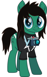 Size: 725x1183 | Tagged: safe, artist:lightningbolt, derpibooru exclusive, earth pony, pony, .svg available, bring me the horizon, camera, clothes, happy, looking at you, male, movie accurate, ponified, shirt, simple background, smiling, solo, stallion, svg, t-shirt, tom sykes, transparent background, vector