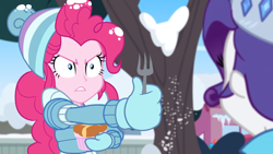 Size: 1164x655 | Tagged: safe, screencap, pinkie pie, rarity, better together, equestria girls, holidays unwrapped, female, food, fork, plusplus, souffle, tree