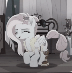 Size: 266x269 | Tagged: safe, edit, edited screencap, screencap, kerfuffle, pegasus, pony, rainbow roadtrip, amputee, animated, boulder media is trying to murder us, cropped, cute, daaaaaaaaaaaw, dancing, eyes closed, fashion, female, fufflebetes, gif, happy, hnnng, kerfuffle shuffle, mare, picture for breezies, prosthetic leg, prosthetic limb, prosthetics, trotting, trotting in place, weapons-grade cute