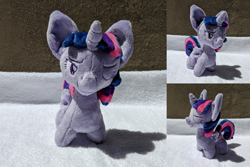 Size: 2382x1587 | Tagged: safe, artist:plushbyanto, twilight sparkle, twilight sparkle (alicorn), alicorn, big ears, chibi, front view, horn, irl, lidded eyes, minky, one eye closed, photo, plushie, profile, smiling, smirk, smug, solo, toy, wings, wink