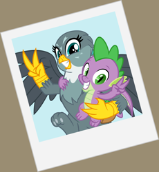 Size: 3142x3410 | Tagged: safe, artist:cheezedoodle96, gabby, spike, dragon, griffon, dragon dropped, .svg available, female, hug, male, paw pads, paws, peace sign, photo, polaroid, pose, scene interpretation, shipping, smiling, spabby, straight, svg, toe beans, underpaw, vector, winged spike