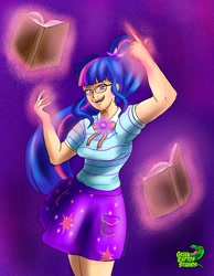 Size: 1024x1319 | Tagged: safe, artist:greenraptor15, sci-twi, twilight sparkle, better together, equestria girls, book, geode of telekinesis, glasses, magical geodes, ponytail, solo