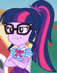 Size: 448x574 | Tagged: safe, screencap, sci-twi, twilight sparkle, better together, equestria girls, holidays unwrapped, cropped, crossed arms, female, geode of telekinesis, glasses, lidded eyes, magical geodes, ponytail, ribbon, smiling, smirk, smug