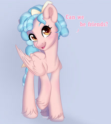Size: 2956x3304 | Tagged: safe, artist:bestiary7, cozy glow, pegasus, pony, blushing, bow, cozybetes, cute, female, filly, freckles, hair bow, high res, looking at you, open mouth, smiling, solo, talking, unshorn fetlocks, wanna be friends?