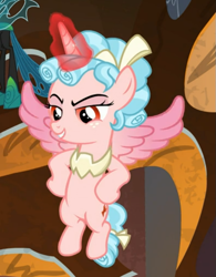 Size: 515x659 | Tagged: safe, screencap, cozy glow, alicorn, pony, the ending of the end, alicornified, cozycorn, cropped, evil grin, flying, glowing horn, grin, hooves on hips, horn, offscreen character, race swap, smiling, solo focus