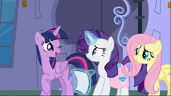 Size: 1668x940 | Tagged: safe, derpibooru import, screencap, fluttershy, rarity, twilight sparkle, twilight sparkle (alicorn), alicorn, pegasus, pony, unicorn, the ending of the end, cropped, female, glowing horn, horn, levitation, looking at each other, magic, mare, one eye closed, open mouth, paper, raised hoof, saddle bag, smiling, telekinesis, trio, wink