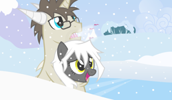 Size: 2558x1498 | Tagged: safe, artist:zacatron94, oc, oc:blank novel, oc:captain white, dragon, pegasus, pony, dragonified, female, hug, male, mare, snow, species swap, whitenovel, winghug