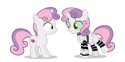 Size: 1232x613 | Tagged: safe, artist:raindashesp, sweetie belle, sweetie bot, pony, robot, robot pony, circuit, circuit board, confused, cute, diasweetes, duality, grin, looking at each other, self ponidox, smiling, unsure