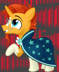 Size: 900x1100 | Tagged: safe, artist:sixes&sevens, sunburst, pony, unicorn, abstract background, blaze (coat marking), cape, clothes, glasses, male, raised hoof, socks (coat marking), solo, stallion