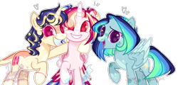 Size: 1024x493 | Tagged: safe, artist:manella-art, oc, oc only, oc:aurora twilightshine, oc:bellona moonlight, oc:sunny moonlight, alicorn, pegasus, pony, unicorn, base used, female, magical lesbian spawn, mare, offspring, parent:flash sentry, parent:rainbow dash, parent:twilight sparkle, parents:flashlight, parents:twidash, simple background, transparent background