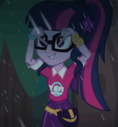 Size: 672x720 | Tagged: safe, screencap, sci-twi, twilight sparkle, better together, choose your own ending, equestria girls, inclement leather, inclement leather: twilight sparkle, animated, blinking, cropped, forest, geode of telekinesis, gif, glasses, looped, magical geodes, rain, solo, talking, tree