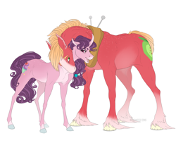 Size: 1600x1300 | Tagged: safe, artist:dementra369, big macintosh, sugar belle, earth pony, pony, unicorn, blaze (coat marking), body freckles, curved horn, cute, cutie mark, female, freckles, horn, looking at each other, macabetes, male, mare, neck nuzzle, open mouth, pale belly, shipping, simple background, smiling, stallion, straight, sugarbetes, sugarmac, unshorn fetlocks, white background