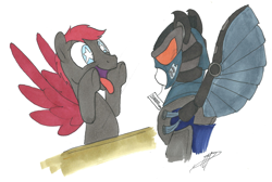 Size: 2855x1913 | Tagged: safe, artist:brisineo, oc, oc:crimson wings, pegasus, pony, fallout equestria, fallout equestria: broken bonds, armor, enclave armor, fanfic art, male, pegasus oc, power armor, price tag, solo, stallion, tongue out, wingding eyes