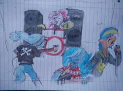 Size: 800x593 | Tagged: safe, artist:elisdoominika, oc, oc only, oc:sally, oc:sittis, oc:sweet elis, oc:thinker blue, anthro, band, bass guitar, drums, guitar, lined paper, musical instrument, rock band, singing, traditional art