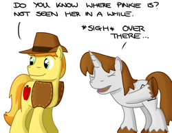 Size: 1080x840 | Tagged: safe, artist:hoofclid, braeburn, oc, earth pony, pony, clothes, colored hooves, cowboy hat, duo, hat, pointing, simple background, unshorn fetlocks, vest, white background