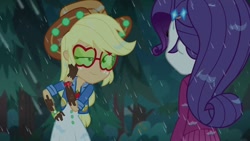 Size: 1280x720 | Tagged: safe, screencap, applejack, rarity, better together, choose your own ending, equestria girls, inclement leather, inclement leather: applejack, applejack's hat, cowboy hat, dirty, forest, glasses, hat, mud, my little pony, rain, sunglasses