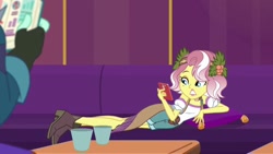 Size: 1280x720 | Tagged: safe, screencap, vignette valencia, better together, choose your own ending, equestria girls, inclement leather, inclement leather: vignette valencia, cellphone, cup, draw me like one of your french girls, female, male, newspaper, offscreen character, phone, pillow, reclining, rift axe, selfie, smartphone, sofa, table