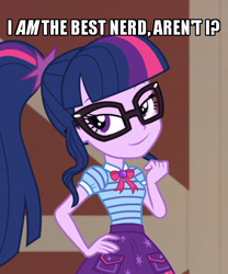 Size: 500x600 | Tagged: safe, edit, edited screencap, screencap, sci-twi, twilight sparkle, better together, equestria girls, holidays unwrapped, caption, cropped, female, geode of telekinesis, glasses, image macro, laughing, magical geodes, meme, nerd, plusplus, ponytail, smiling, smug, solo, text