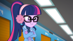 Size: 1164x655 | Tagged: safe, screencap, sci-twi, twilight sparkle, better together, equestria girls, holidays unwrapped, clothes, earmuffs, female, geode of telekinesis, glasses, lip bite, magical geodes, ponytail, scarf, self-storage facility, smiling, smug, solo, winter outfit