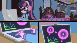 Size: 1164x655 | Tagged: safe, screencap, sci-twi, spike, spike the regular dog, twilight sparkle, dog, better together, equestria girls, holidays unwrapped, clothes, computer, hacking, laptop computer, picture frame, sci-twi's room