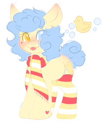 Size: 1608x1923 | Tagged: safe, artist:adostume, oc, oc only, oc:duckie, earth pony, pony, :p, blushing, cat mouth, clothes, curly hair, cutie mark, happy, hearts on cheeks, hearts on hooves, heterochromia, mlem, reference sheet, scarf, short hair, short tail, silly, simple background, smiling, socks, tongue out, white background